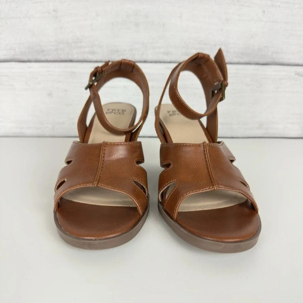 Frye and Co. Women's Brown Gelsey Heeled Open Toe Sandals Size 6.5 Vegan Leather